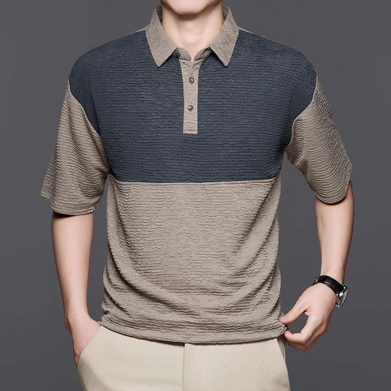 Classic Short-Sleeved T-Shirt Men'S High-End Breathable Non-Ironing Pullover Splicing Contrasting Color Lapel Half-Sleeved Polo Shirt