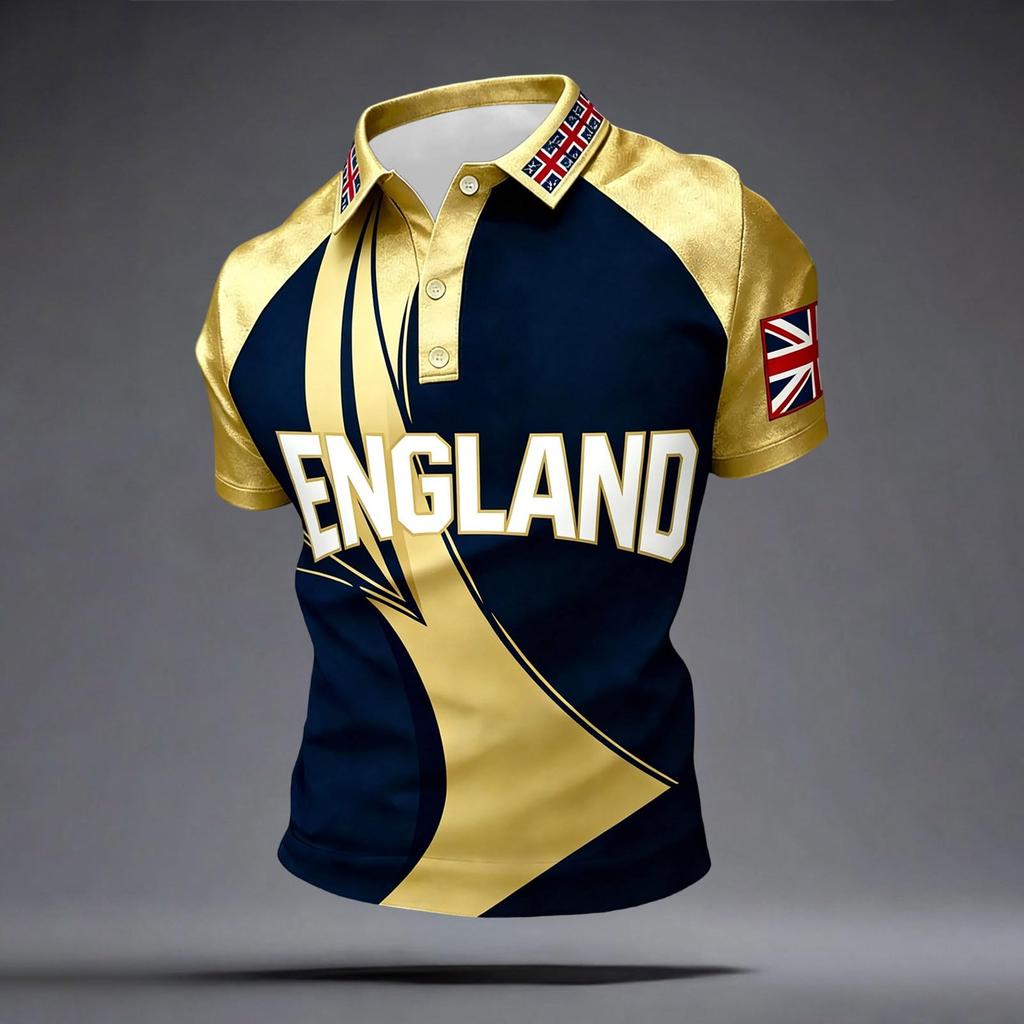 Men's Classic Polo Shirt Football Jersey England Style Short Sleeve Button Collar Lightweight Breathable Fabric Sportswear