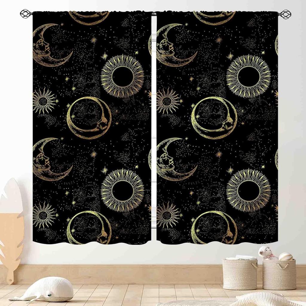 Wild Floral Moon Curtains, Boho Vintage Moon Phase Botanical Mid Century Moonlit Plants Aesthetic Spring Flower Blackout Window