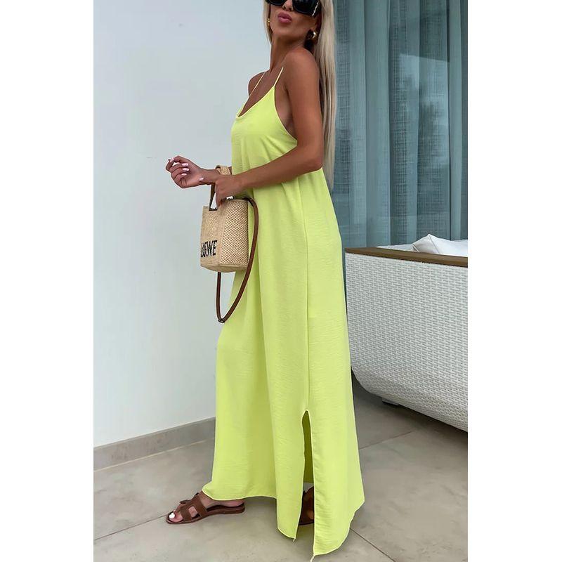 

European and American Fashion Women clothes Casual Loose Split Sling Dress Sleeveless Summer Solid Long dress Yellow M