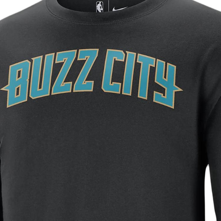 Nike X NBA Collaboration Charlotte Hornets 2023-24 City Edition Lettered Crew Neck Casual Long Sleeve T-Shirt Men Tops Black FN1097-010