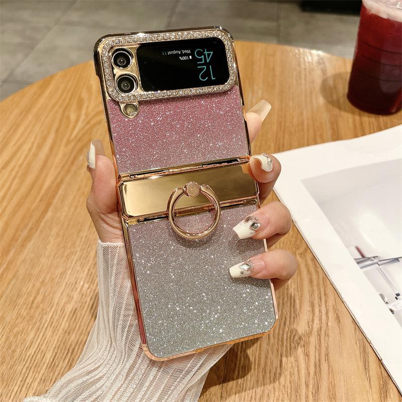 Applicable To Samsung Zflip4 Mobile Phone Case Zflip3 Folding Screen Diamond Glitter All-Inclusive Anti-Drop Protective Leather Case
