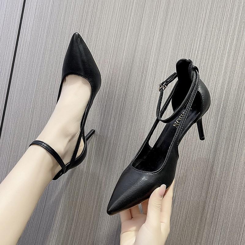 Fashion Spring Summer  New Popular Women's Shoes Khaki Pointed Toe Thin Heel Strap High Heels Casual Flats Rubber Material