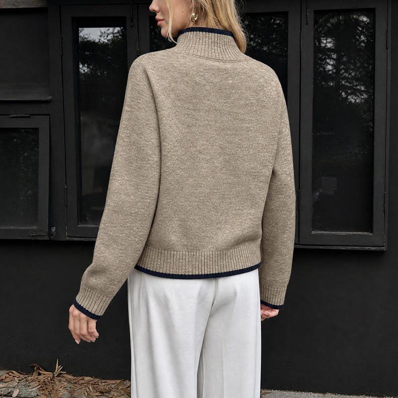 Women's Color Block Trim Pullover High Collar Sweater - European and American Fashion Knitwear