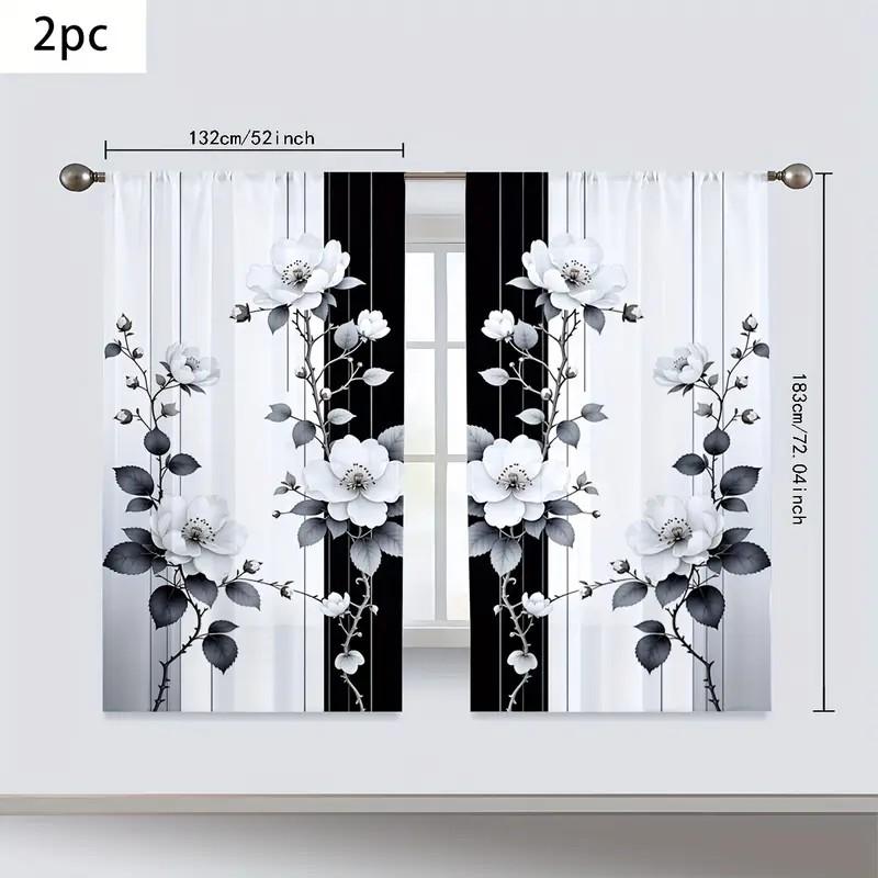 2 Stück florale Vorhänge im schwarz-weißen Stil: geeignet für Schlafzimmer/ täglichen Gebrauch   minimalistischer Stil   transluzenter Gardinenstoff