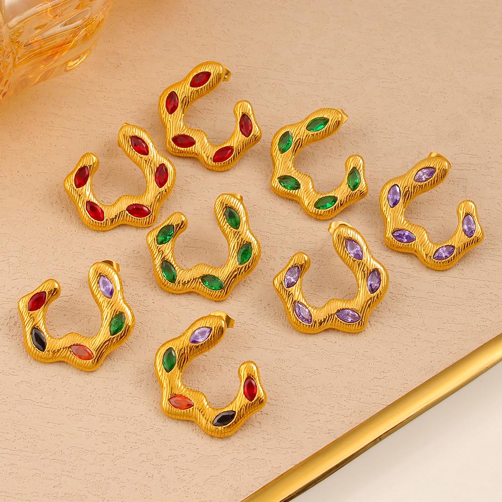 Vintage Multi-color Zirconia Ear Cuffs, 18K Gold Titanium Steel, Elegant Earrings