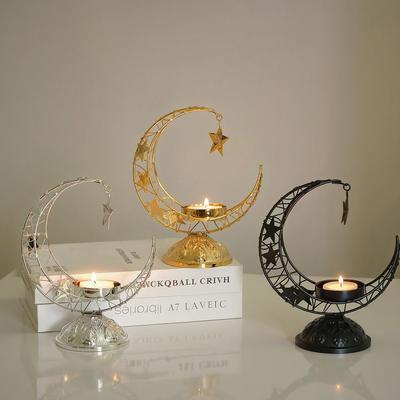 Portavelas Luna Forma Luna Dorado Plateado Negro Estilo de Lujo Quemador de Incienso Metálico Hierro Eid Al-Fitr Mesa Quemador de Aromaterapia