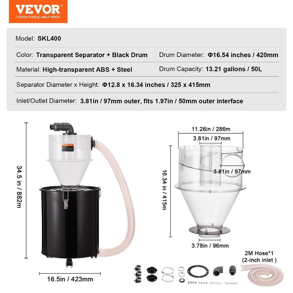 Cyclone Dust Separator w/ Tank Vacuum Cleaner Separator 4" for 50L Tank