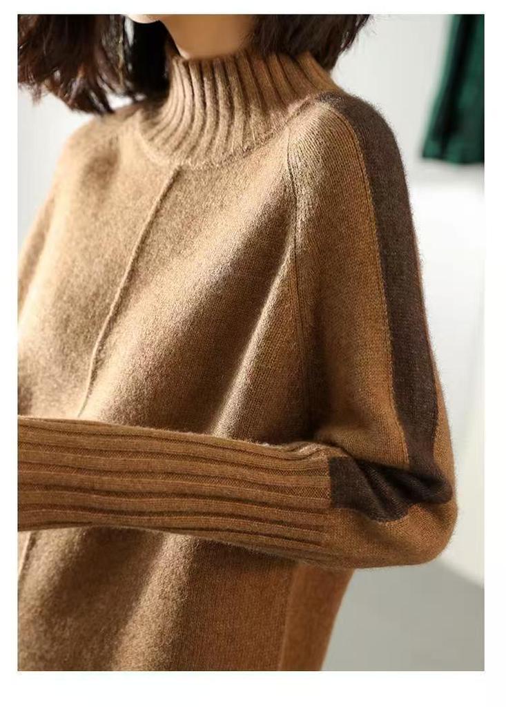 Women's Color Block Half-High Neck Sweater Dress - Long Sleeve Knitwear for Autumn/Winter