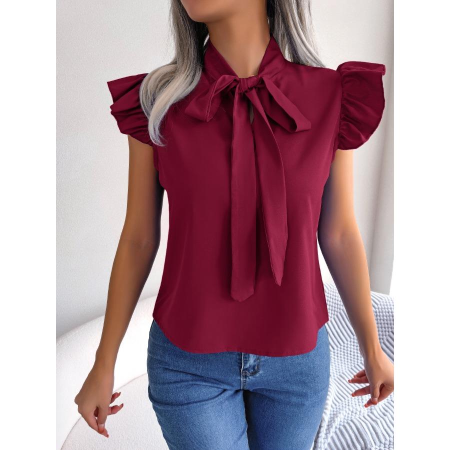 2024 Spring Summer Elegant Lace Up Butterfly Bow Tie Blouse Women Office Ruffles Hem Shirts
