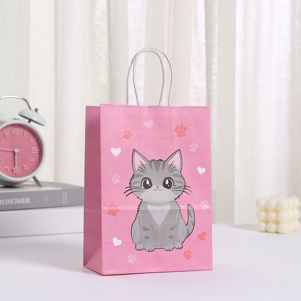12pcs New Cute Cat Pattern Party Favor Bags 21x15cm Thickened Kitten Goodie Bag with Handle Candy Gifts Bag for Baby Shower
