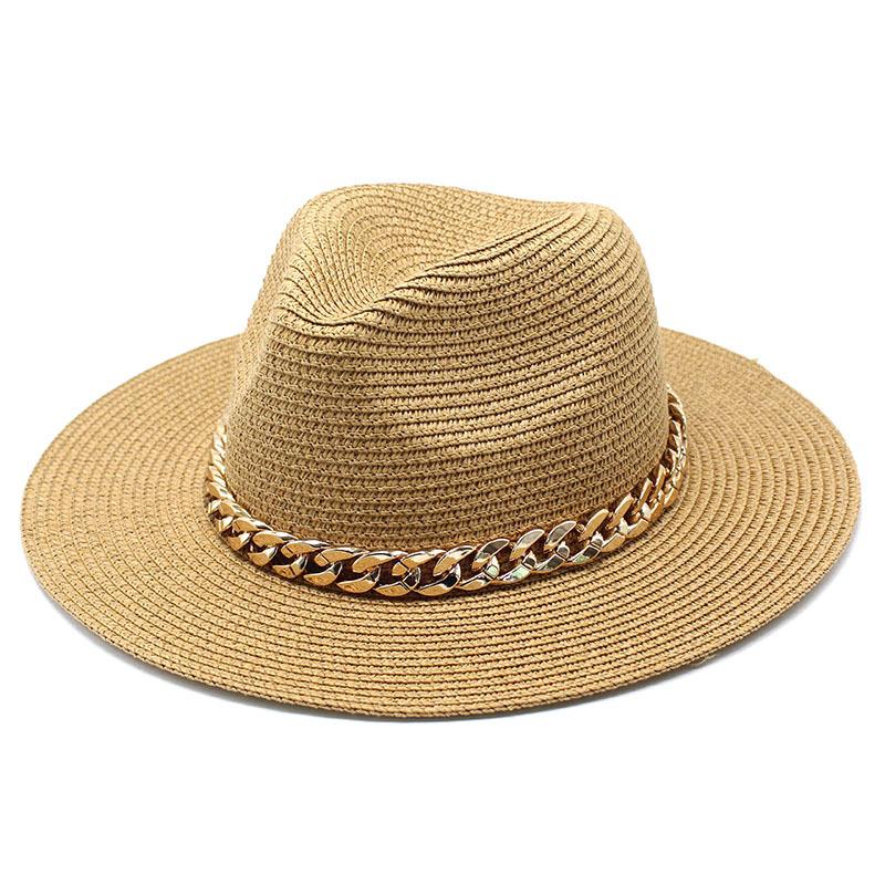 Brown straw hat golden chain sun hat outdoor sun hat straw hat seaside sunscreen beach hat sun hat various accessories wholesale