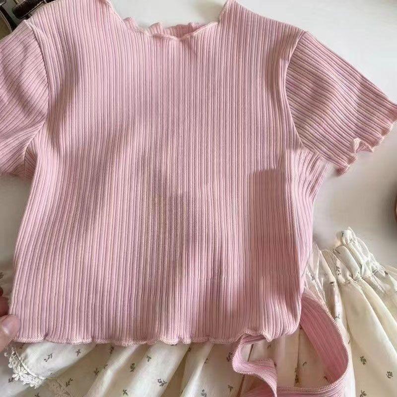 

Stylish Girls Summer Two Piece Set With Short Sleeve Top And Cake Floral Skirt Design Pink Short Sleeve,130cm/51.18in