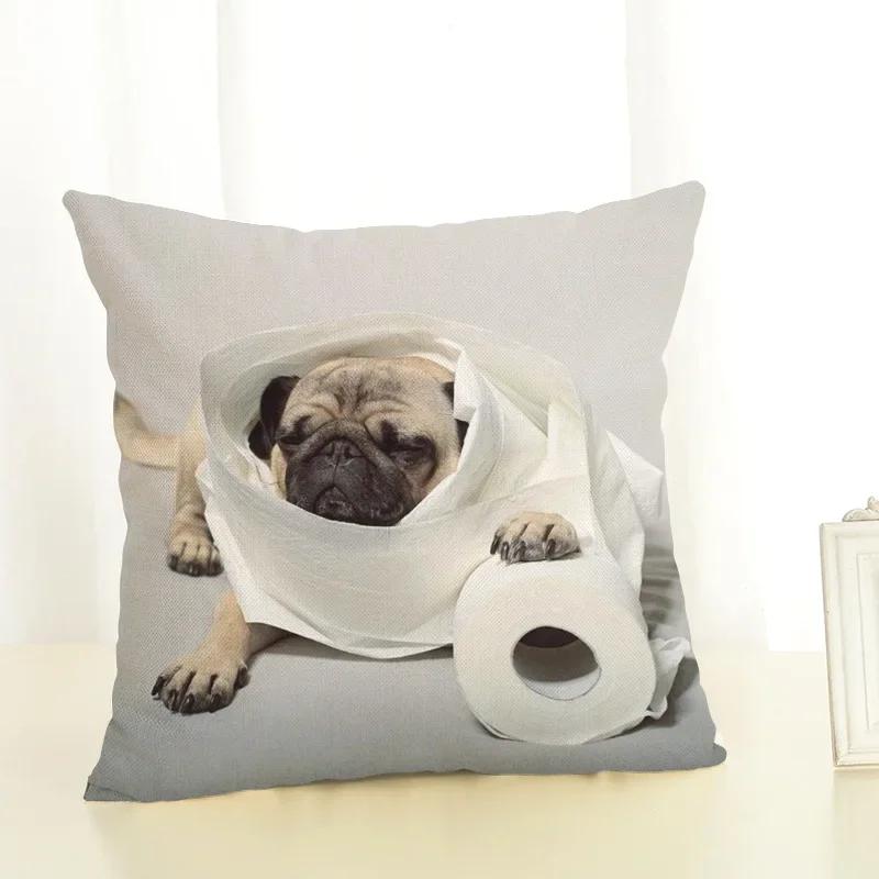 Funny Cartoon Pug Dog Printed Cushion Cover Linen Pug Dog Food Decorative Pillowcase Sofa Party Home Decor Sofa 45X45Cm