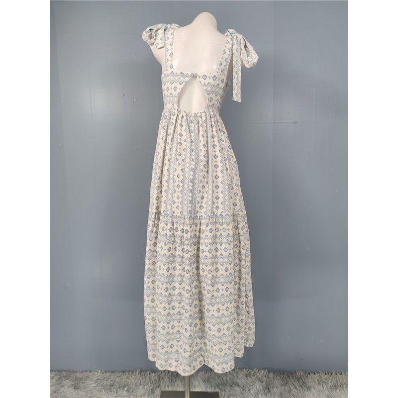 Foreign Trade Order Lady Temperament Simple and Versatile Exquisite Print Backless Sling Bandage Big Hemline Waist Hugging Personality Dress