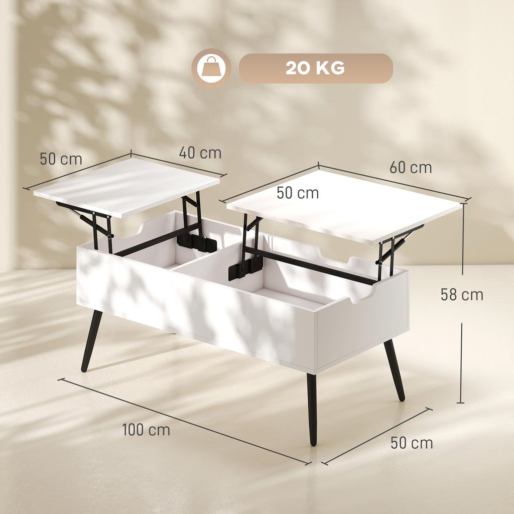 Height-Adjustable Coffee Table Living Room Table with Hidden Storage for Living Room, 50 X 100 Cm, White