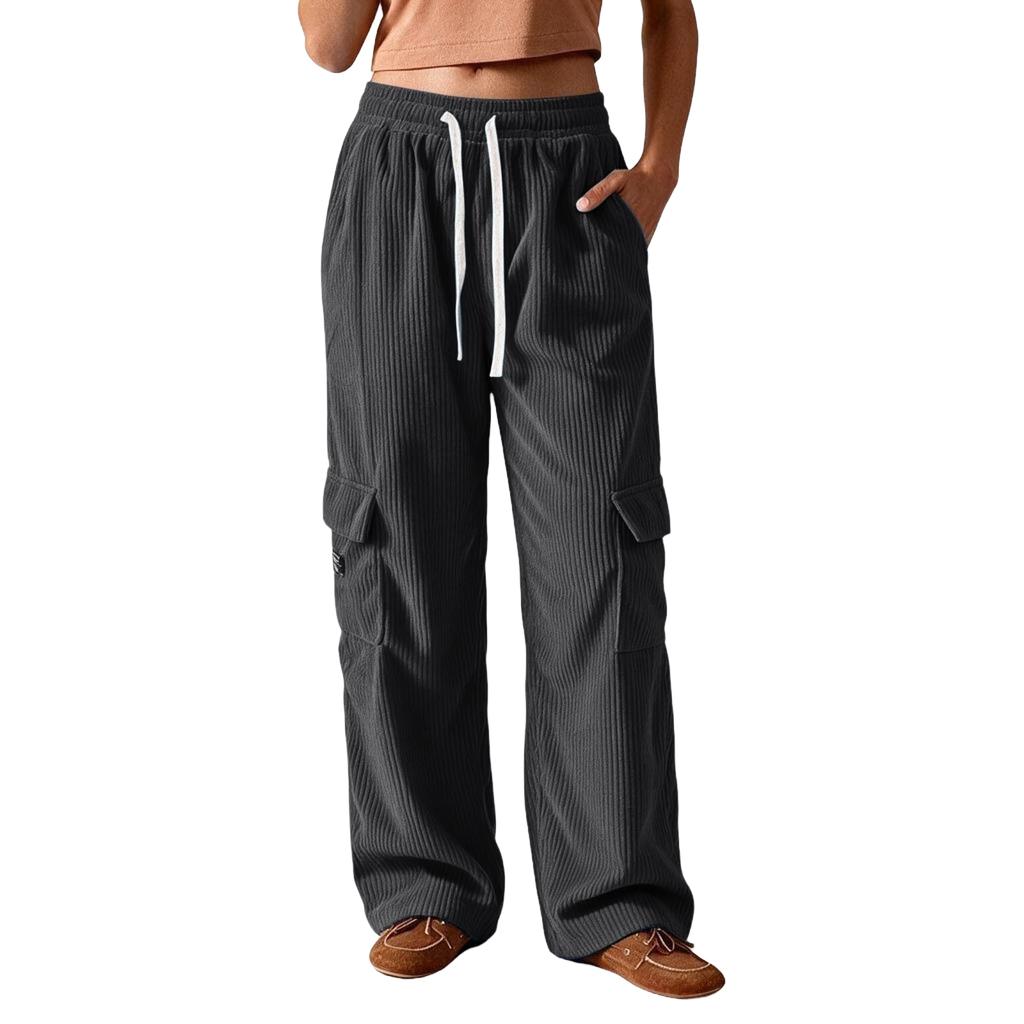 Damen Cord-Cargo-Hose im Retro-Stil, vertikal gestreift, lockere Passform, Wide Leg, lässige Hose