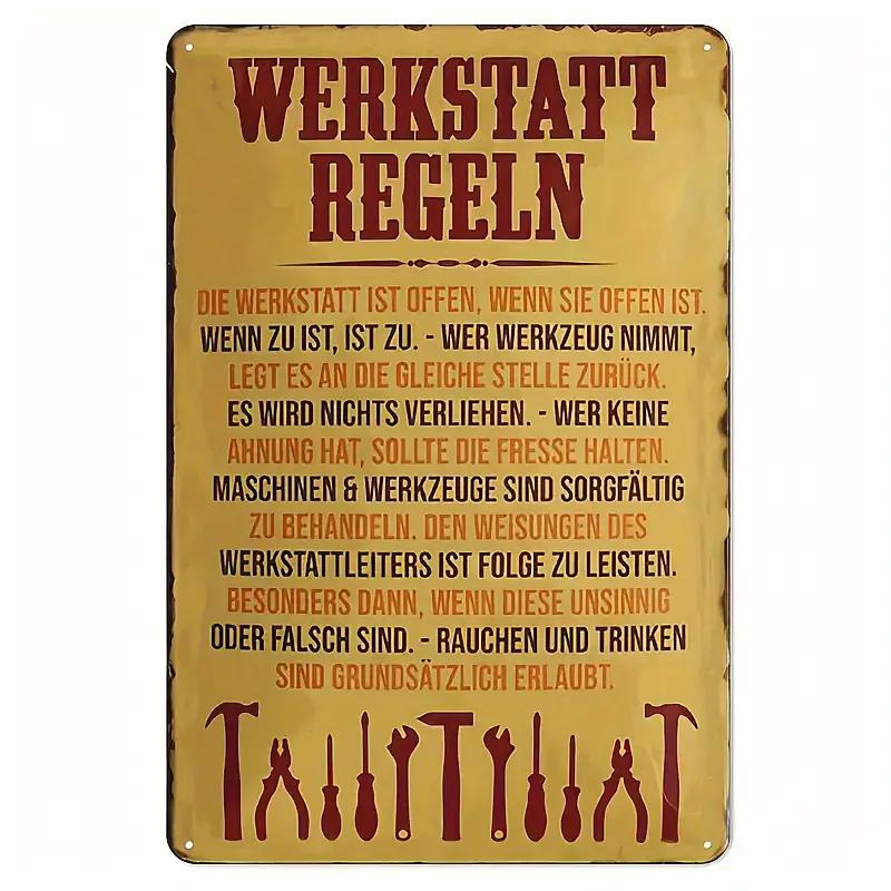 German Vintage Garage Tool Phrases Metal Sign,Retro Decorative Plaque, Home Wall ,Studio Room Man Cave Workshop Industrial Decor