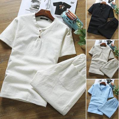 Camiseta de manga curta + shorts 2 peças masculino algodão linho terno causal para verão masculino
