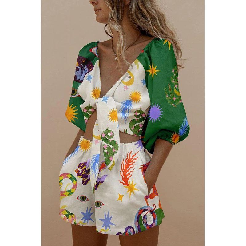 

2023 Europe and America Cross Border Two-piece Set Fashion Casual Cotton and Linen Print Shorts Suit Puff Sleeves Shoelace Tops White S
