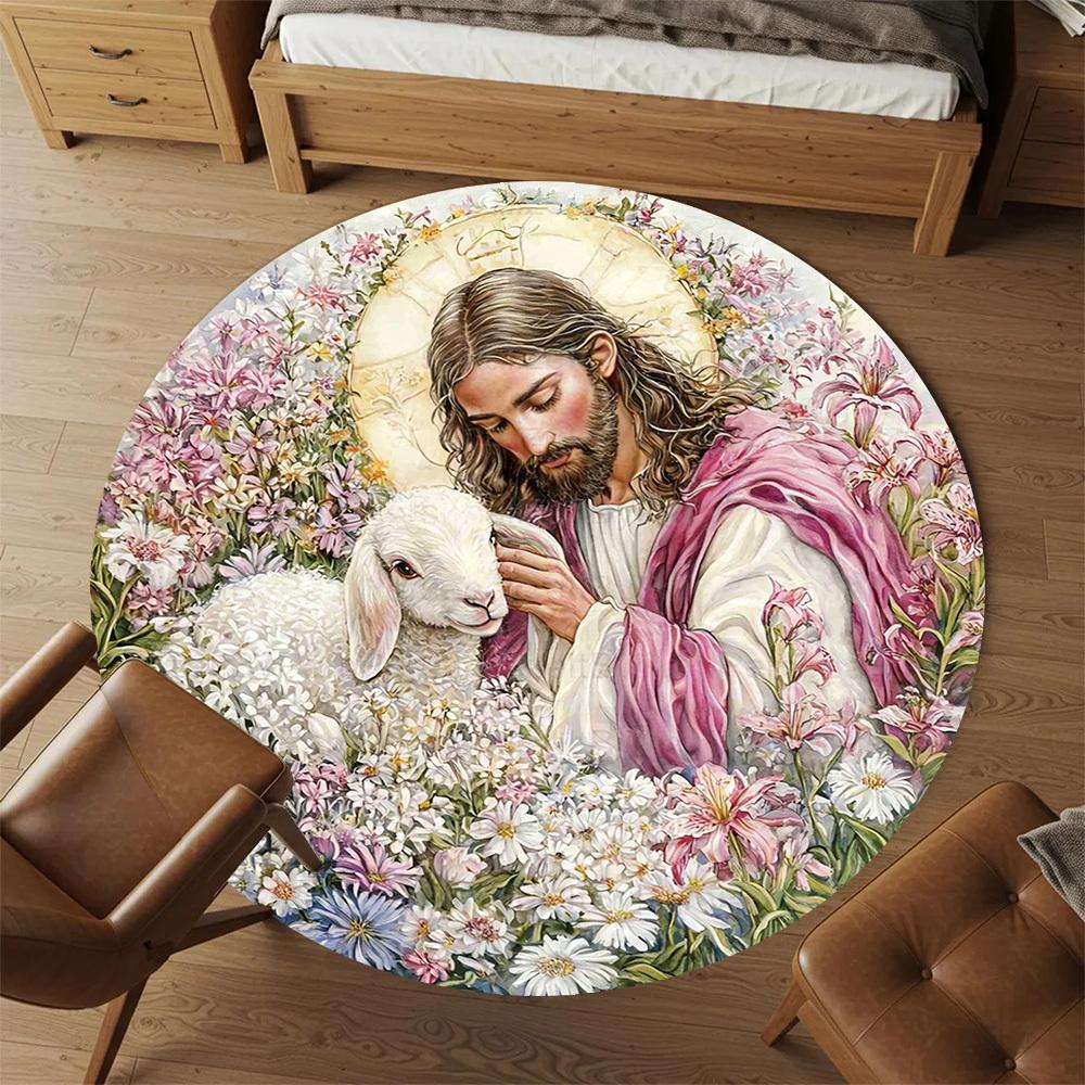 1pc Jesus Shepherd Lamb Round Chair mat office Area Rug - Non-Slip, Floor Mat for Office, Bedroom, Ideal home decor gift c0112106