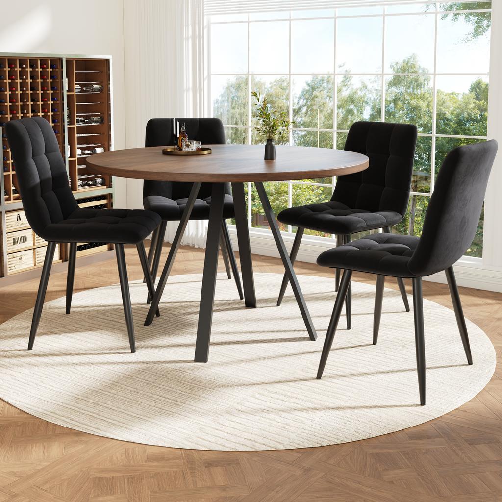 Runder Esstisch (80×80×75cm), Kaffeetisch für 4 Personen, geeignet für Esszimmer, Wohnzimmer, Metalltischbeine, Schreibtisch in Walnussfarbe und schwarze Beine
