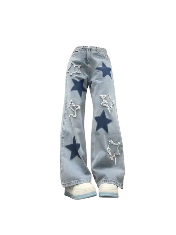 Dámské Baggy Blue Star Jeans Vintage Y2k Estetické džínové kalhoty 90. let Harajuku Kovbojské kalhoty s vysokým pasem a širokým pasem Oblečení 2000 2024
