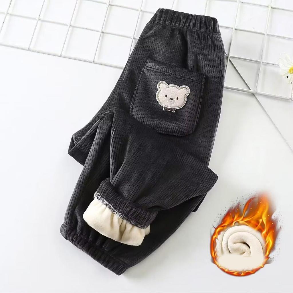 Autumn Winter Children's Warm Sports Long Pants Solid Color Fleece Lined Casual Trousers Mid To Large Child Fleece Pants