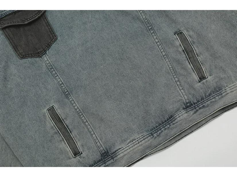 Unisex Retro Washed Denim Color Block Hoodie - Trendy, Loose Fit with Pockets