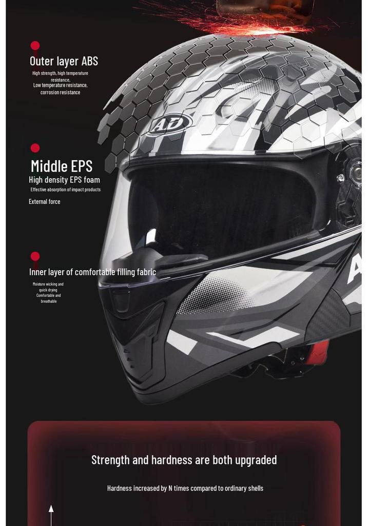 Unisex Full Face Motorcycle Helmet with LED Taillight, All-Season, Flip-Up, 3C/DOT Certified