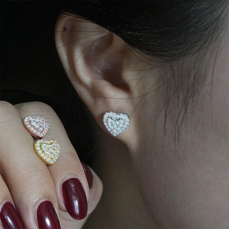 Hip Hop Rock VVS1 D Moissanite Heart-shaped Stud Earrings 925 Sterling Silver Screw Ear Stud Fine Jewelry Diamonds Pass Test Gold-color