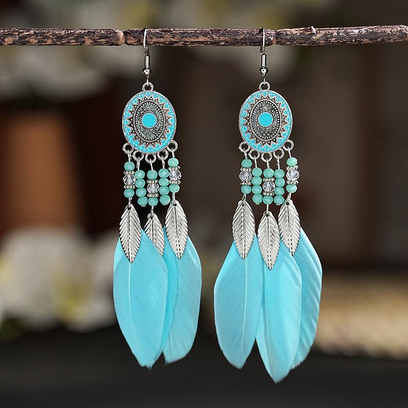 Boho Lange Feder Hängende Ohrringe für Damen Blatt Quaste Kristallperlen Handgefertigt Runde Blume Emaille Hochzeit Braut Schmuck Geschenk