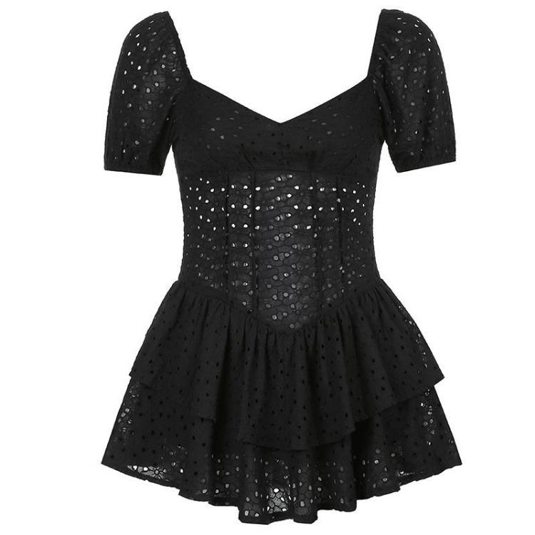 Vintage Hollow Out Corset Dress Women Fashion V Neck Ruffles Pleated Puff Sleeve Chic Black Summer Party Ladies Dress
