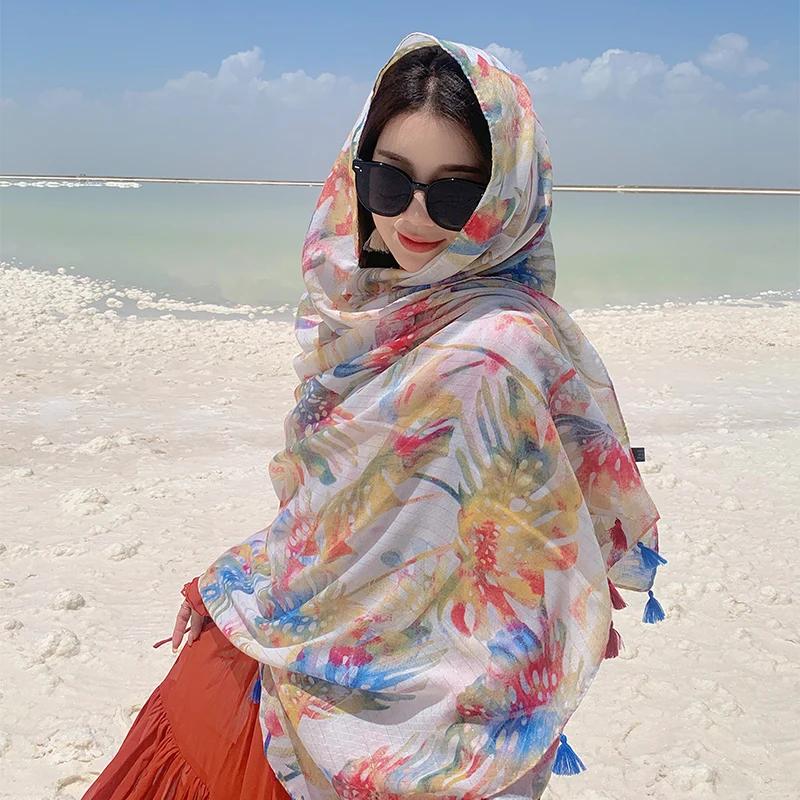 Design Brand Women Scarf Sunscreen Cotton Shawls Dual-Use Summer Autumn Long Scarves Seaside Holiday Beach Towel Beachwear Veils