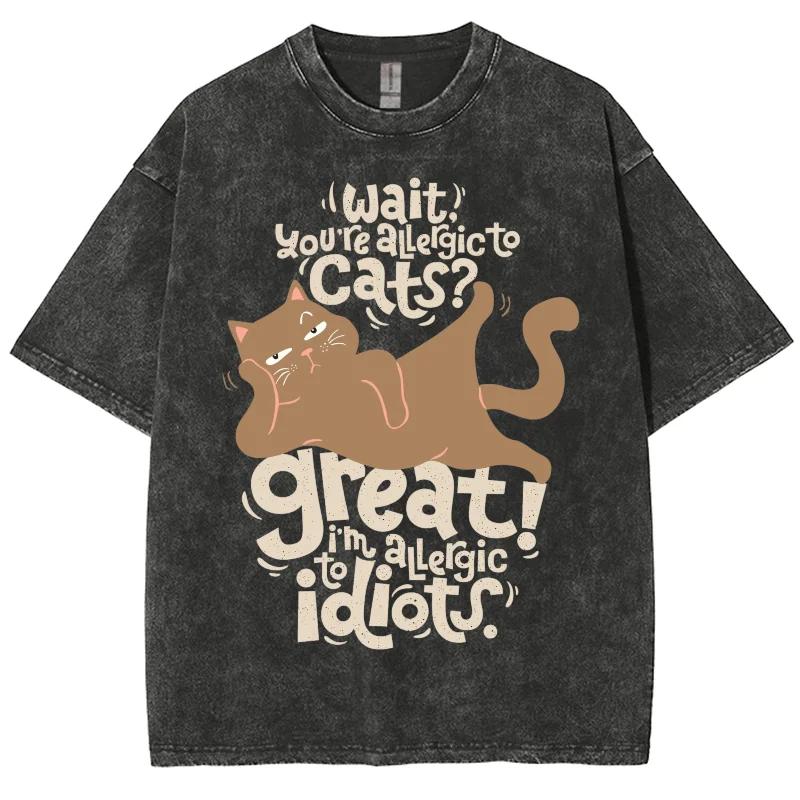 

Милый стиль Мультяшный принт кошки Женская футболка Мода Простая Стирка Деним Хлопок Короткий рукав Летняя Удобная Базовая майка S