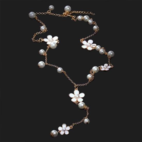 Women's Fashion Korean Style Faux Pearl Flowers Long Necklace Sweater Chain