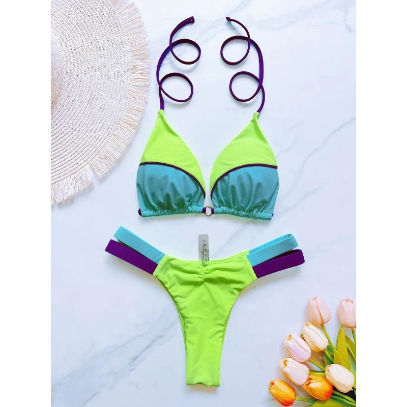 New Sexy Solid Splicin Bikini Set Women's Swimsuit Two-piece Triangle Halter Swimwear Bathing Suit Brazilian Biquinis