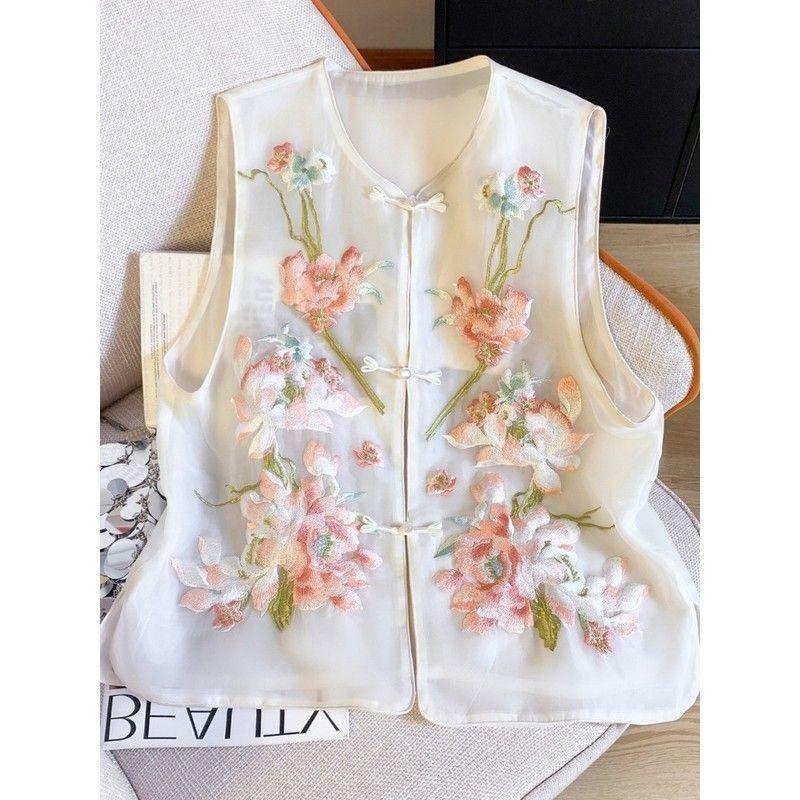 Summer Embroidered Vest Vest Women's High-end Sense Niche Stand-up Collar Buckle Sleeveless Vest Top Women