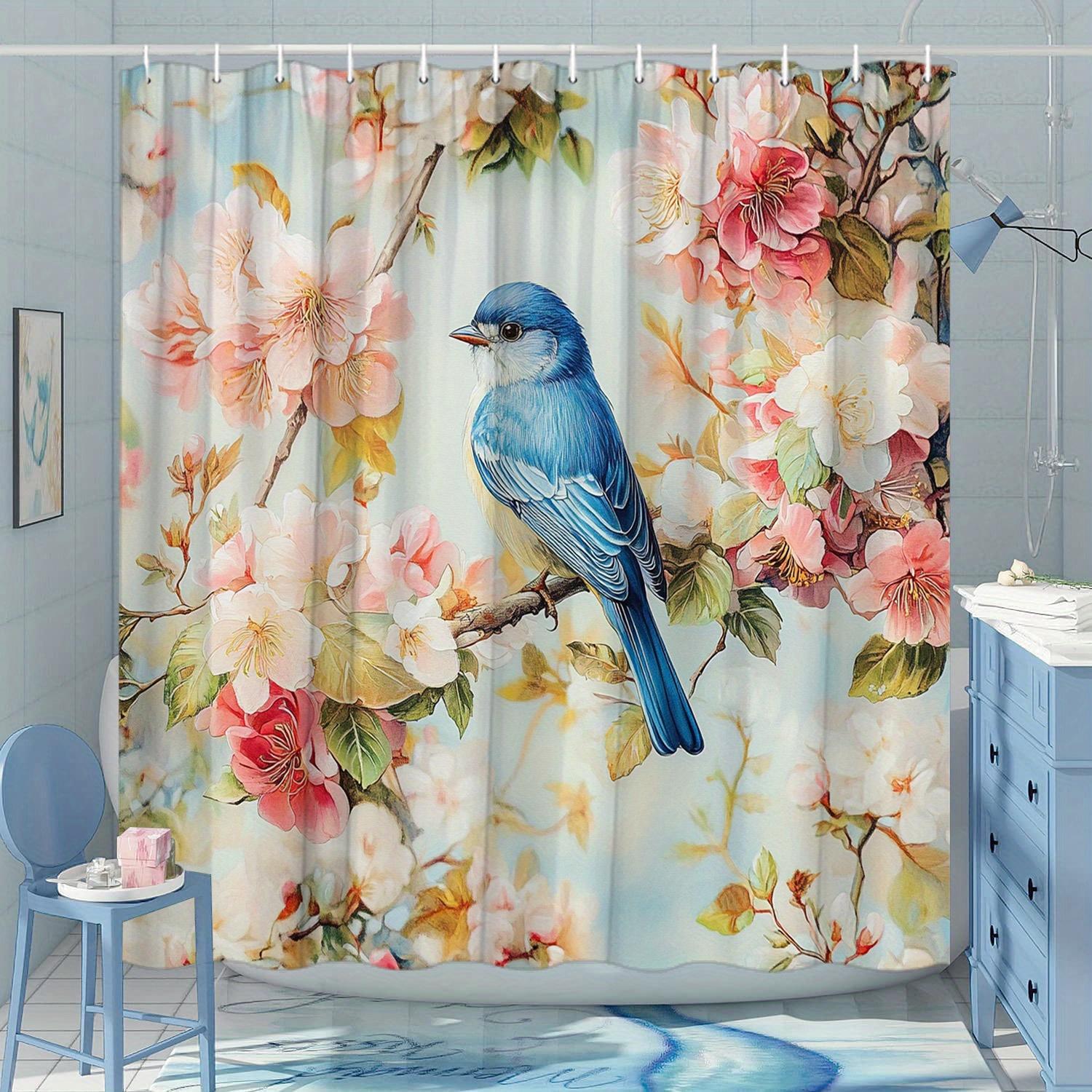 

Polyester Shower Curtain - Blue Bird on Branch with Flowers, Watercolor Spring Scene, 70.8x70.8 , 12 Hooks, Machine Washable W90XH180cm