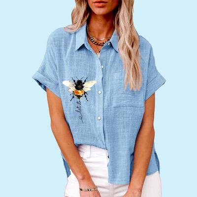 Damen T-Shirt mit V-Ausschnitt und Blumenmuster, lockere Kurzarmbluse aus Leinen, für den Sommer, mit Taschen