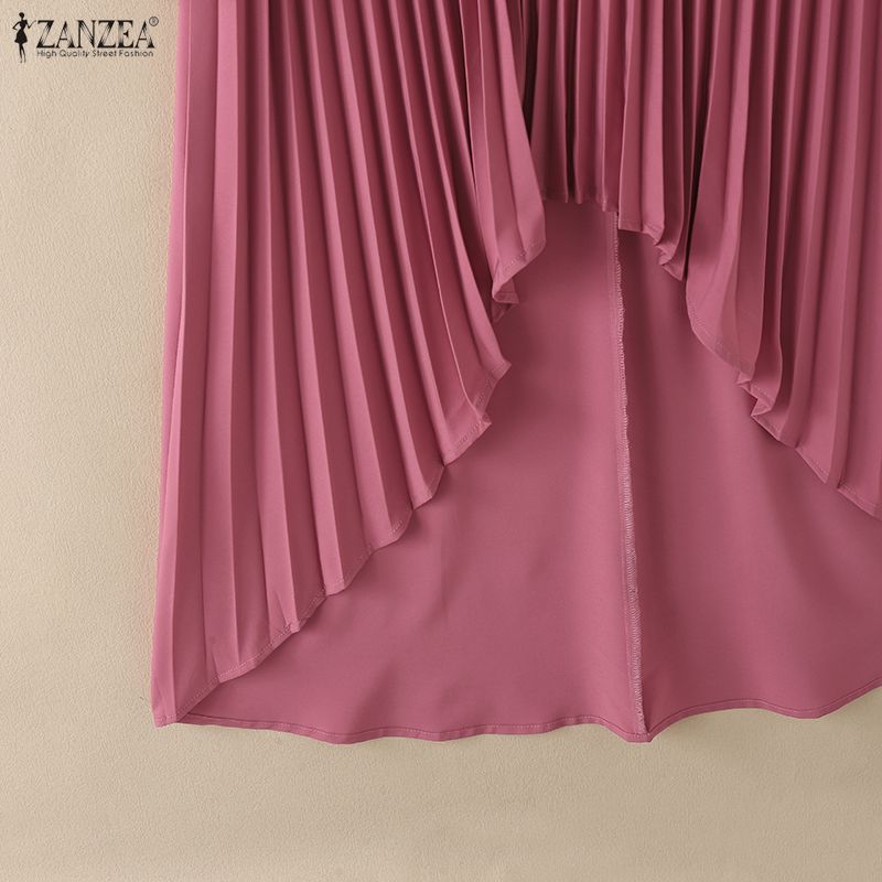 ZANZEA Women Casual Round Neck Long Sleeve Loose Irregular Pleated Blouse
