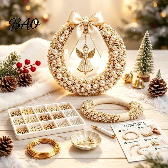 Stress Free DIY Crafting Kit Christmas Pearl Wreath Kit, Handmade Beaded Holiday Door Decor, Decoration Wall Hanging Elegant Craft Project for