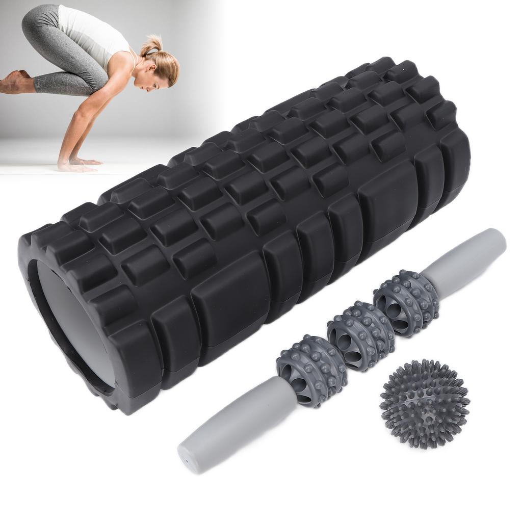 Foam Massage Roller Set Hollow Muscle Relax Portable Fitness Yoga Stick for Waist Neck BackBlack Four Piece Suit