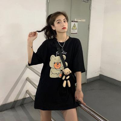 Summer Korean version of the new Harajuku lower clothes missing bear print loose short-sleeved T-shirt top women's ins