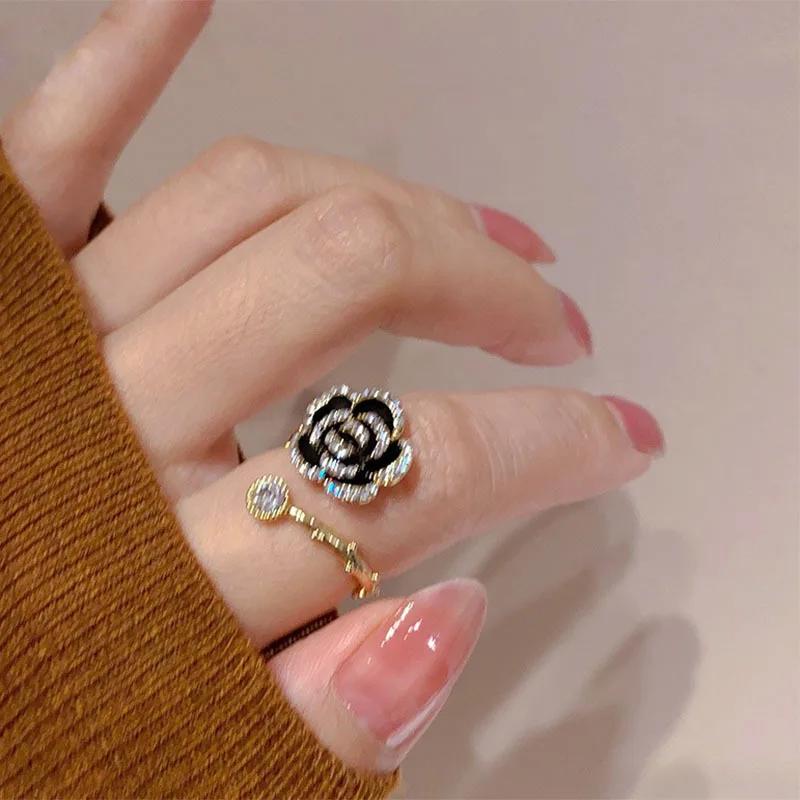 New French Black Shiny Zircon Rose Open Ring For Women Personalized Fashionable Daily Accessories Party  Birthday Gifts