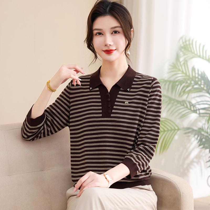 Striped Collared Long-Sleeve Top for Middle-Aged and Elderly Women – 50s & 60s Spring/Autumn Base Layer