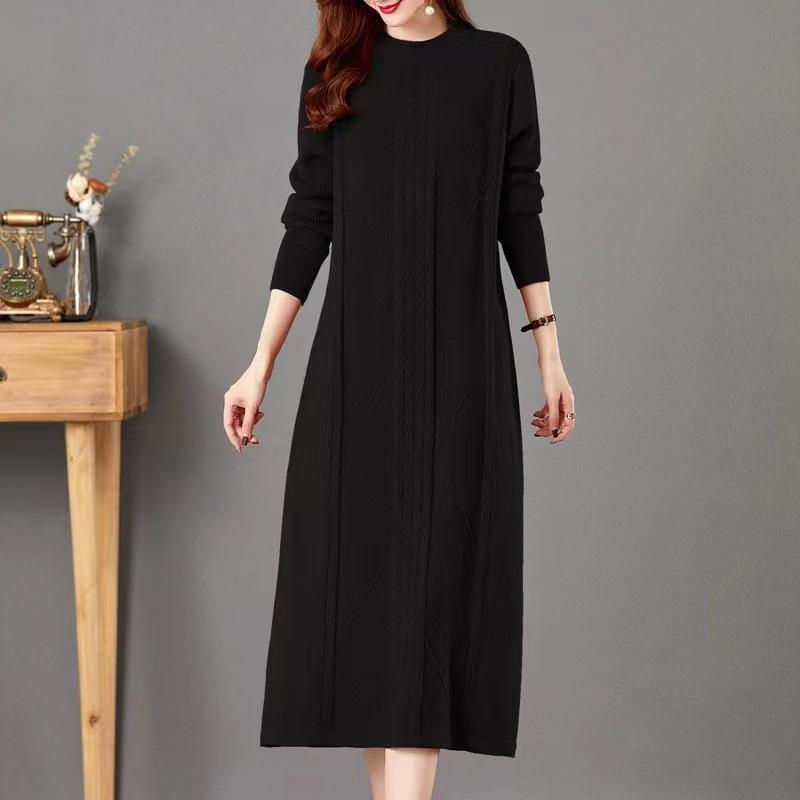 Podzimní a zimní dámské svetrové šaty s kulatým výstřihem, pletené, dlouhé šaty, volné, plus size šaty