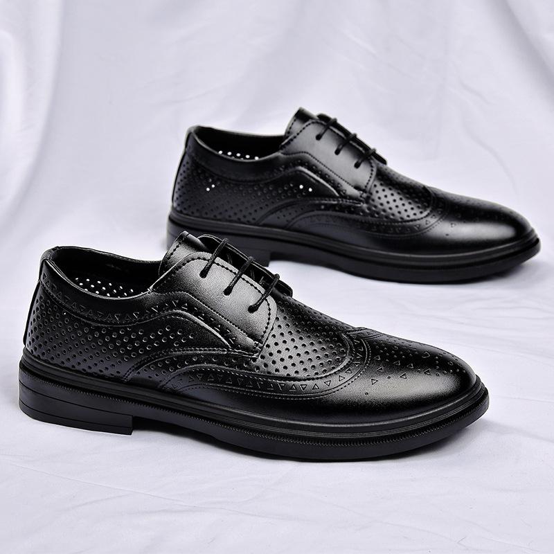 Summer new leather shoes men's high-end business casual shoes dress hollow breathable men's leather shoes men's invisible height increase