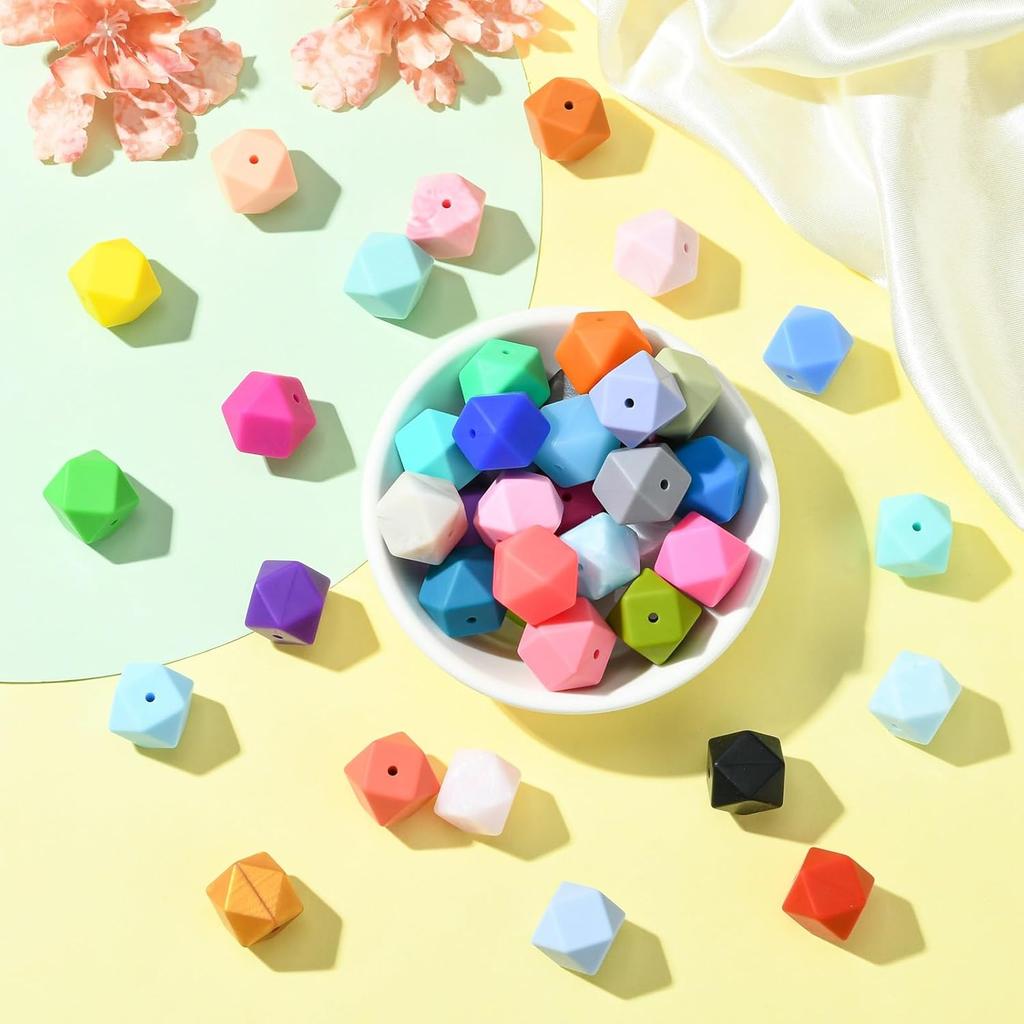 DanLingJewelry 50Pcs 17mm Hexagon Silicone Beads Bulk Colorful Rubber Large Polygonal Silicone Loose Beads for Keychain Lanyards Jewerlry Making