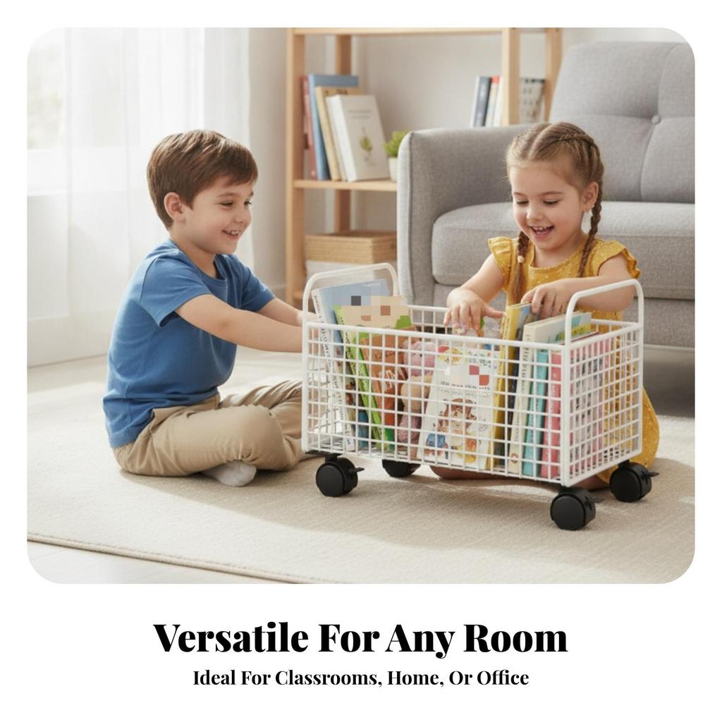 Mobile book trolley, open wire mesh storage trolley with handles, furniture